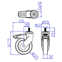 Pied pivotant à tige filetée de 5 pouces, pour lit d'hôpital, médical, en TPR, fauteuil à roulettes, g, OEM