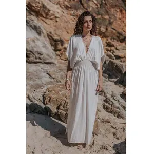 Clásico de Playa de las mujeres Maxi vestido suelto V cuello cintura elástica y hermoso ala de murciélago manga Kaftan vestido