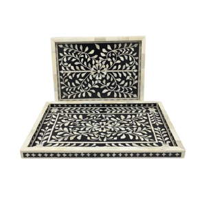 Plateau de service en bois et os incrustés, lot de 2 tailles différentes, pour thé et café, fabriqué en Inde - Product Image 1