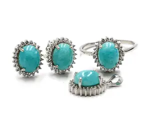 Top Demanding Amazonite 7x9 MM Natural Gemstone 925 Solid Silver For Women Ring Earring Pendant Jewelry Set By Indian Supplier