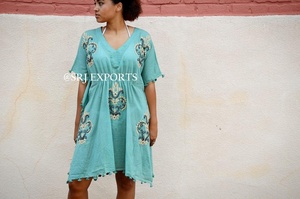 Collection supérieure fait à la main indien caftan couverture robe Floral sarcelle corail brodé taille élastique 100% coton dentelle plage gland - Product Image 4