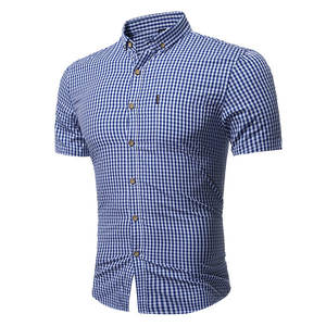 2020 diseño de algodón Casual clásico de negocios pequeños cuadros de impresión de manga corta Casual Turn-Down Collar vestido camisa para hombres - Product Image 6