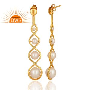 Pretty White Pearl Earring Gemstone Jewelry Wholesale 18k Gold Plated New Designer Silver Dangle Earring Supplier - Product Image 3