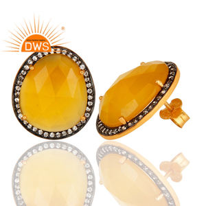 Yellow Chalcedony Gemstone Zircon <b>Set</b> Earrings 925 Silver <b>Gold</b> Plated Fashion Stud Earrings Manufacturer Jewelry - Product Image 2