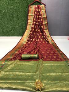 ที่สวยที่สุดและน่าสนใจดูผ้าไหม Sarees Kanchipuram กับชิ้นเสื้อผู้หญิงอินเดียสวมส่าหรีราคาถูกราคาต่ำขายส่ง - Product Image 4