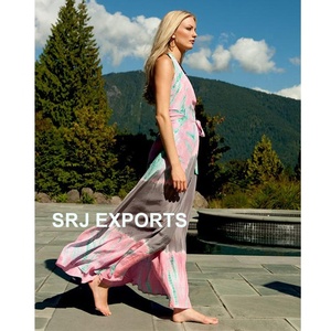 SRJ EXPORTS Boho Halter Maxi <b>Dress</b> Pink Blue Grey Geometric Print Chiffon <b>Loose</b> Fit Summer Casual Wrap Tie <b>Dress</b> - Product Image 1