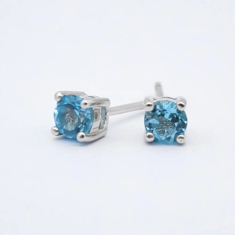 Simple Minimal Real 925 Silver Swiss Blue Topaz Gemstone Studs Earrings