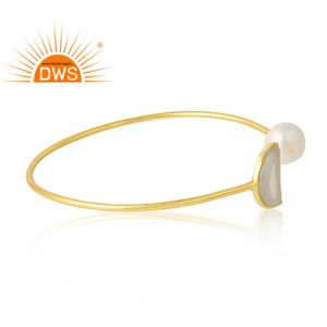 White Moonstone <b>Pearl</b> Gemstone Women's <b>Gold</b> Plated 925 Silver Cuff Bangle Jewelry Wholesaler Classic Collection - Product Image 2