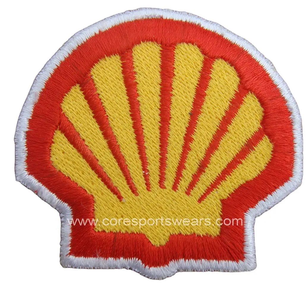 Heat Transfer Embroidered Patches Custom Shell Logo Designs No Minimum laser cut Badge 3 Colors Thread