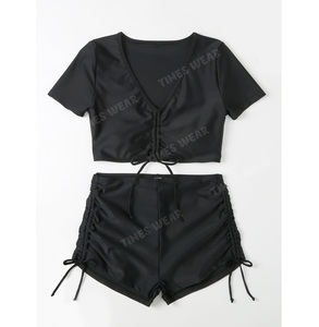 Ensemble de bikini 2 pièces pour femmes d'été Short uni à cordon avec soutien-gorge imprimé Vêtements de plage et maillots de bain grande taille taille XS - Product Image 5