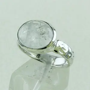 Hammered Band Oval Rainbow Moonstone 925 Sterling Silver Ring Wholesale Jewelry INDIA