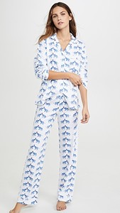 Women's White Blue <b>Crab</b> Print Cotton Pajama Set Long Sleeve V-Neck Loose Fit Summer Casual Wear - Product Image 4