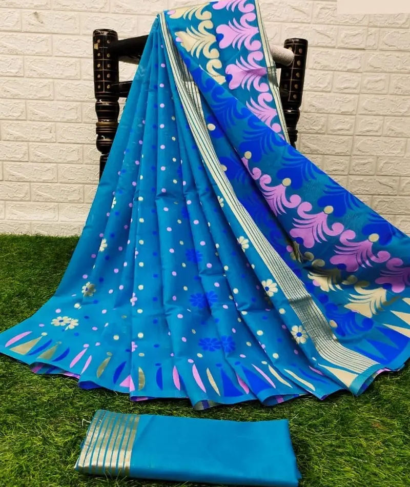 Sari Desainer Sutra Katun Baru Terbaru Pekerjaan Jacquard Indah Seluruh Sari dengan Palet Kaya dan Blus Sutra Katun Sari untuk Wanita