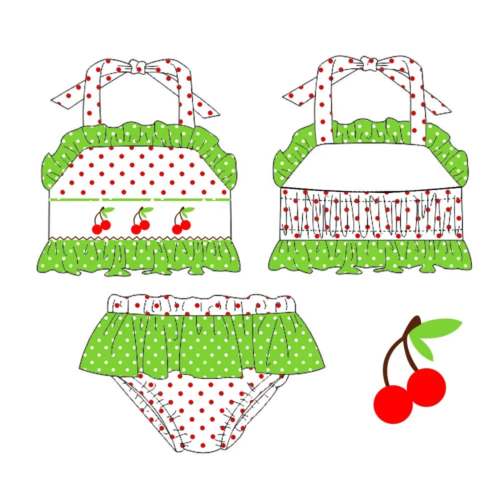 Áo Tắm Bé Gái/Trẻ Mới Biết Đi Polka Dots Red Smocked Cherry Hai Mảnh Bikini Trang Phục Bé Gái Mùa Hè