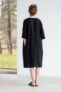 Trending Sexy Women Linen <b>Black</b> Color 100% Linen Formal Crepe Fabric Short Sleeve Knee Length Indian Women Linen <b>Dress</b> - Product Image 2
