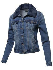 High Quality Women's Casual Denim <b>Jacket</b> Regular Blue Oversize Breathable Black Fur Collar Plus Size Dyed Jean 98% Cotton 2% - Product Image 3