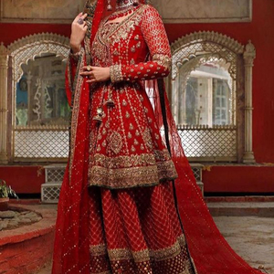 Élégant 2021 nouvelle Kurta de mariée avec Lehenga belle ornée de perles de verre cristal pierre Resham travail en soie - Product Image 1