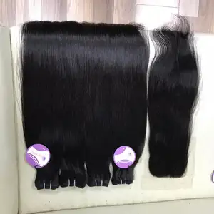 3 Paquete de hueso recto con cierre 5x5 parte virginal brasileño al por mayor paquetes de cabello humano natural color negro - Product Image 1