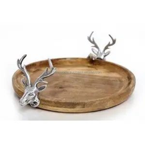Metal Deer face handle wooden tray