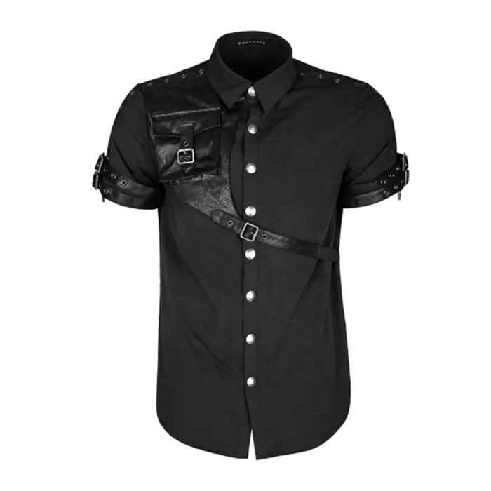 Gothic Steampunk Shady Shirt Black Mens Sleeved Leather Straps Shirt