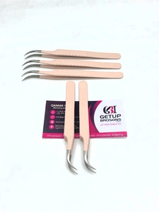 Wholesale Best Quality Curved Peach <b>Powder</b> Coating Diamond Grip Silver Tip Eyelash Tweezers Stainless Steel Beauty Tool - Product Image 5