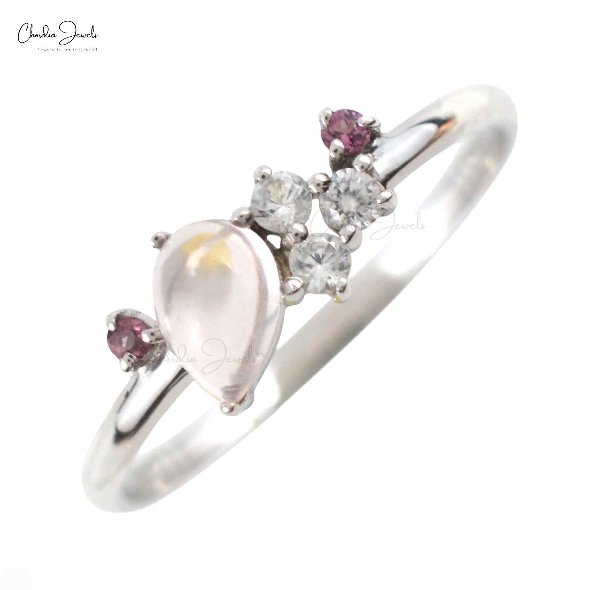 925 स्टर्लिंग चांदी सफेद रोडियाम में रत्न की अंगूठी गुलाब क्वार्ट्ज Rhodolite गार्नेट और सफेद जिक्रोन फैशन गहने ऑफर किया गया मूल्य पर