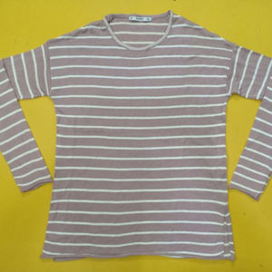 Pull décontracté à rayures roses et blanches pour femme, haut à manches longues et col rond, en coton, à la mode, 2020 - Product Image 1