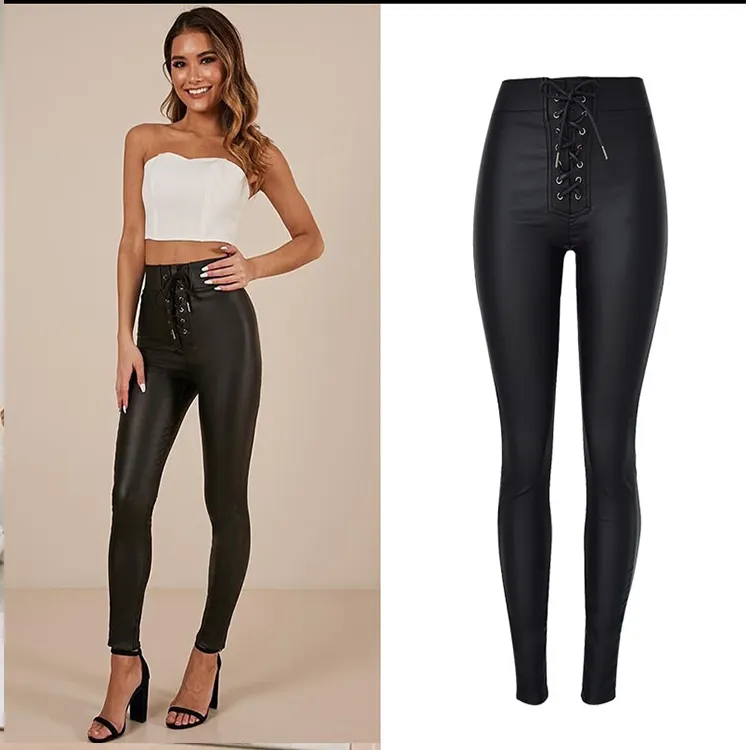 Benutzer definierte Damen Schwarz Pu Leder Hohe Taille Schnür vorne Skinny Pants