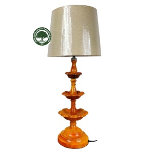 Handmade Solid Wood Carved <b>Table</b> Lamp With Flower Shape Base And Beige Shade For Home Decoration Folk Art Style - Product Image 1