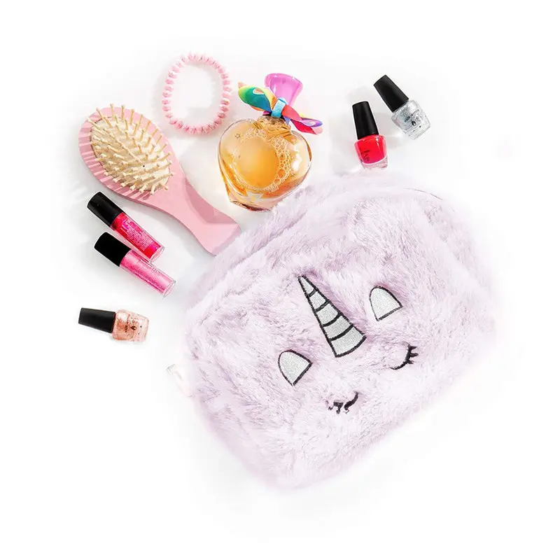 Bolsa de maquillaje de viaje con bordado de unicornio, neceser para cosméticos para niños