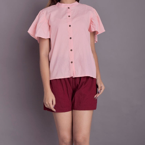 Wholesale customized women's casual pink color crepe o-neck half sleeve loose cotton linen overalls loose wide leg Short - Product Image 1