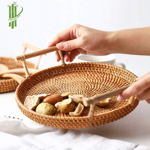 ถาดเสิร์ฟอาหารหวายทรงกลมเป็นมิตรต่อสิ่งแวดล้อมพร้อมด้ามจับดีไซน์อเนกประสงค์สำหรับห้องครัวและห้องน้ำโต๊ะกาแฟที่เก็บอาหาร - Product Image 4