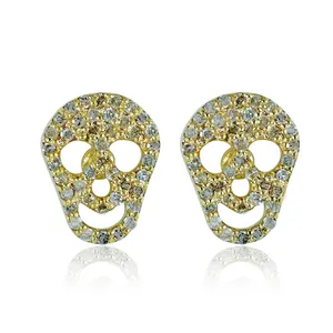 Solid 14k Yellow Gold Pave Diamond Skull Push Back Stud Earrings Halloween Unisex Jewelry Wholesale