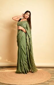 Mayorista de Saris en Calcuta, Sari Azul Bordado a Mano en Georgette - Product Image 6