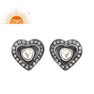 CZ Crystal Quartz Oxidized <b>Silver</b> <b>Heart</b> Shaped <b>Stud</b> <b>Earring</b> Tribal <b>Silver</b> Jewelry For Women Gift For Her Vintage Collection - Product Image 1
