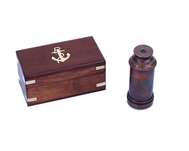 Antique Copper Spyglass Telescope 7" with Rosewood Box