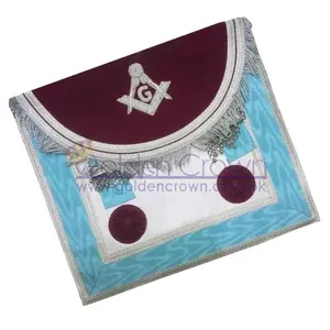 Scottish Master Mason Handmade Silver Embroidery Apron with Rosettes - Brown and Blue | Masonic Regalia Apron Supplier