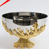 Tazón de metal y vidrio de alta calidad, tazón de servicio de forma redonda de trabajo elegante con soporte de metal dorado para decoración de boda