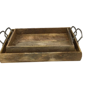 Plateau de service en bois de qualité supérieure avec poignées en fer Plateau de nourriture de forme rectangulaire Plateau de petit-déjeuner pour restaurant et hôtel - Product Image 6