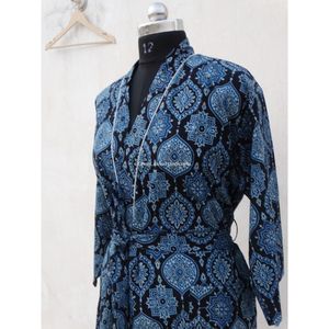 Bata larga de dormir de algodón 100%, Kimono con estampado indio, azul Indigo, para baño, con patrón Floral, venta al por mayor - Product Image 4