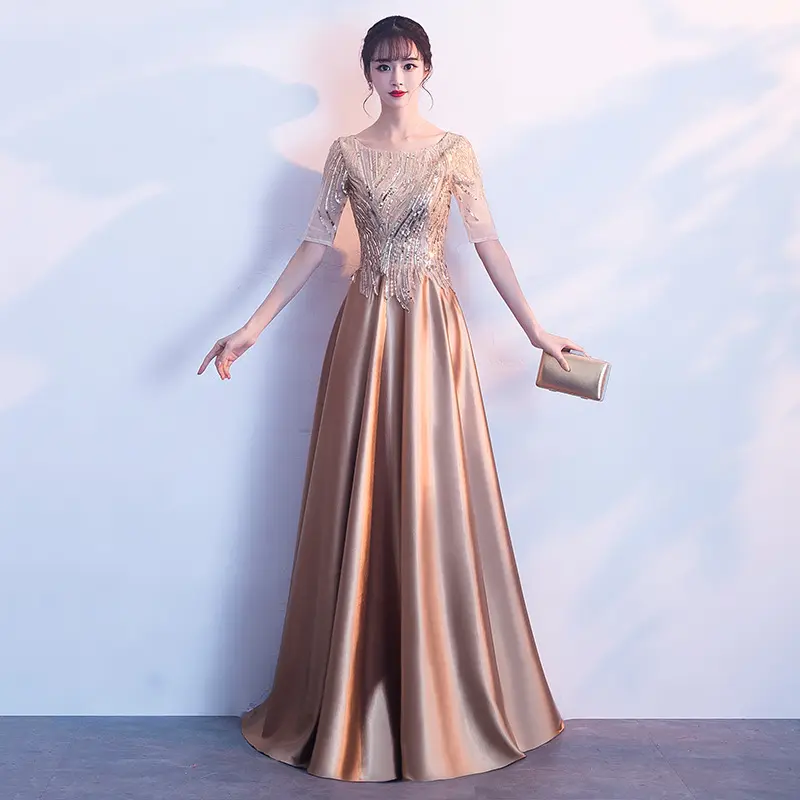 2022 Luxury party long dress champagne golden sequin modest dinner gown evening dress for mother