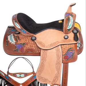 Premium Durable English Saddle Set para Barrel Racing Western Horse Tack Varios colores en tamaños 14 \ "-18 \" Hecho de cuero genuino - Product Image 1
