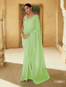 Xinh Xắn Thủ Công Chikankari Và Mukaish Jaal Saree Trong Candescent Pista - Product Image 4