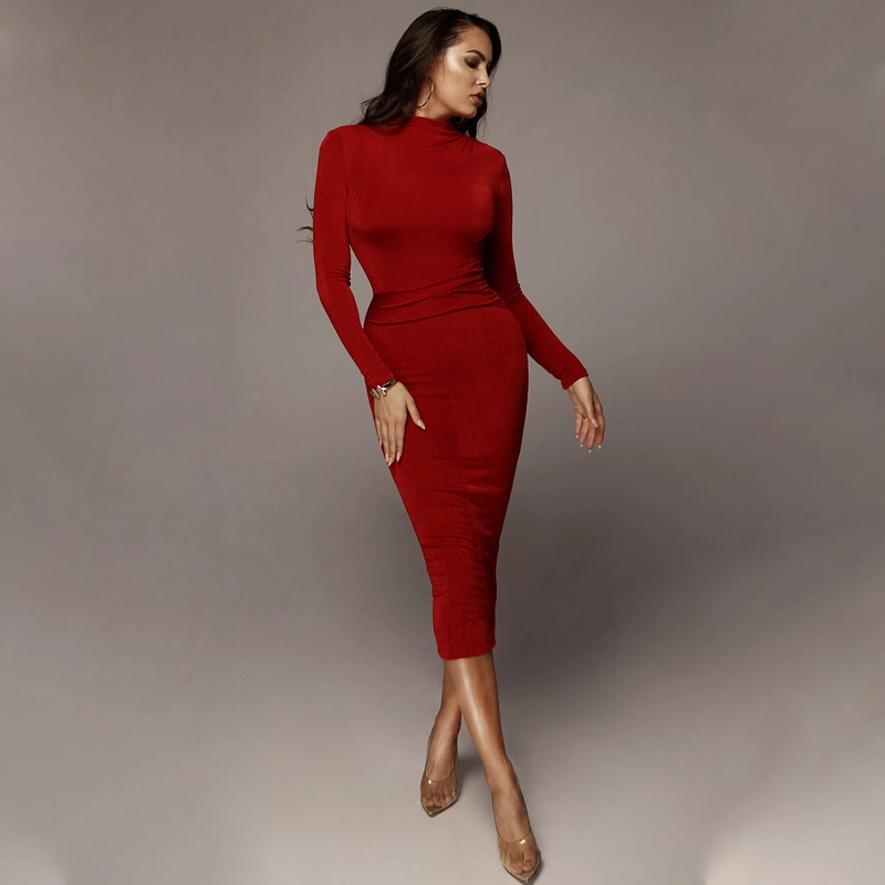 OEM ODM Women's European American Style Long-sleeve Round Neck Solid Color Long Dress Elegant Evening Dress