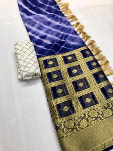 Jaigri — chemisier de travail en mousseline de soie, saree en soie, avec bordure en jacquard, cravate Leheriya n colorant avec glands en palette, sequin - Product Image 6