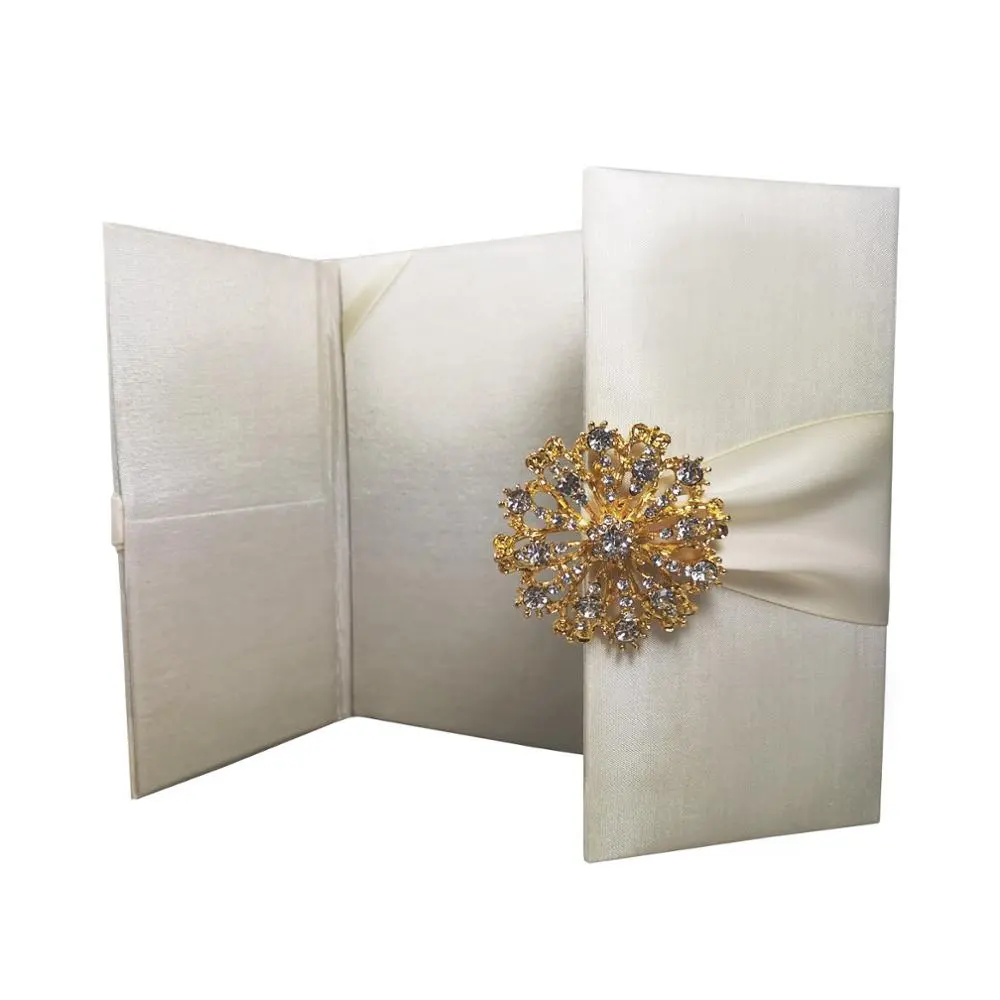 Handmade Luxury Crystal Brooch Embellished Silk Wedding Invitation Folder