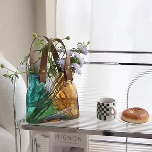Vaso de mão elegante, vaso verde e amarelo para sala de estar, decoração de flores, vaso de vidro