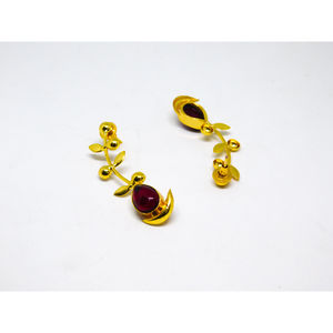 latest fashion Trending handmade golden matte finishing brass stone stud hoop leaf design earing for girls and women - Product Image 4