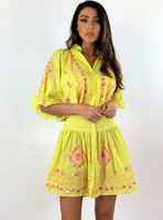 Mini robe longue ceinture brodée et miroir, manches bouffantes jaunes, bouton avant, tunique décorative pour femmes, été