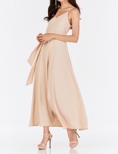 Elegante Vestido Largo Beige de Crepé con Cuello Cuadrado, Tirantes Finos, Estilo Cruzado con Lazo, Formal, Sin Mangas, con Dobladillo Recto, Estilo Verano, 100% Crepé - Product Image 2